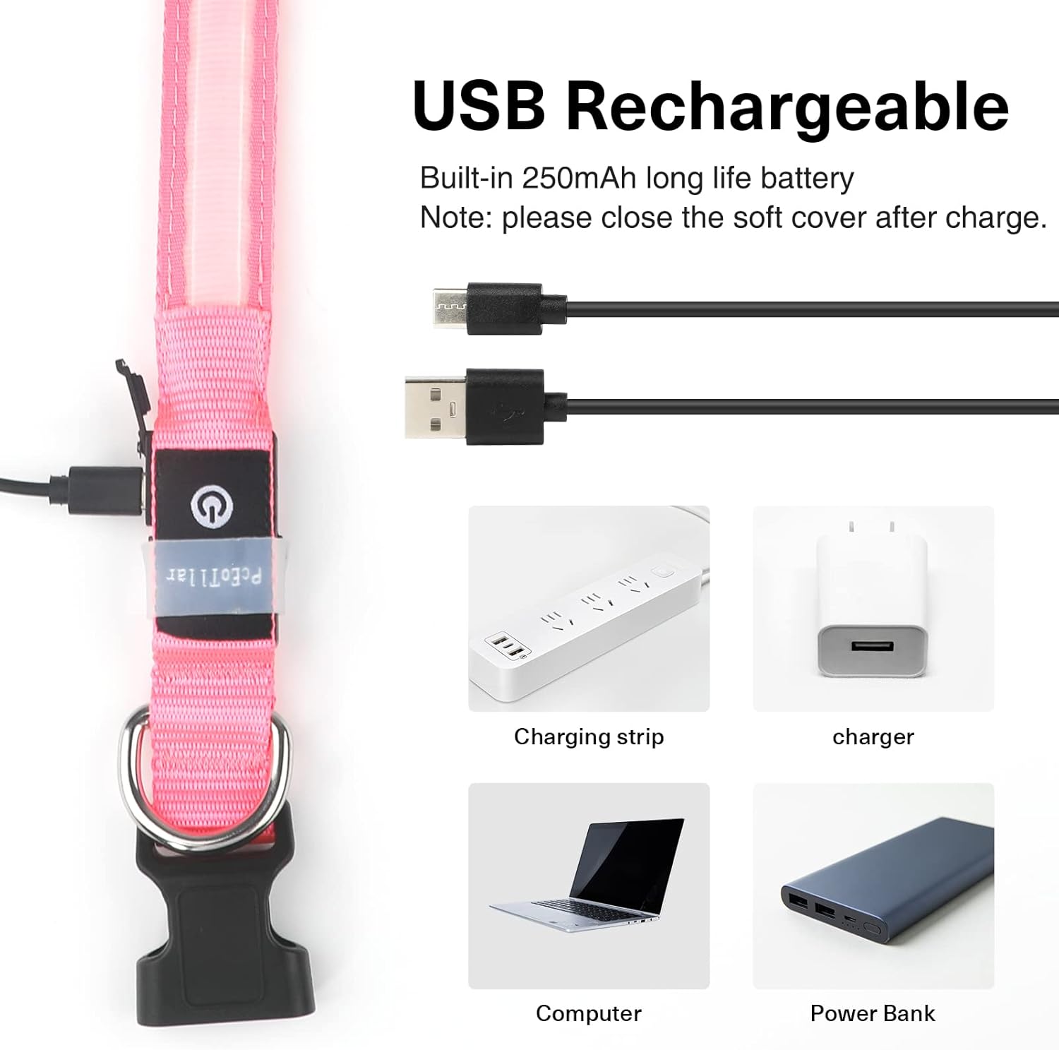 LED hundehalsbånd – justerbart, vandtæt og genopladeligt – 7 farver med 8 lysindstillinger, pink – til små, mellemstore og store hunde view 2
